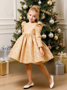Glamorique Kids 儿童生日派对金色亮片连衣裙，泡泡袖连衣裙，高档童装，秋冬新款时尚。 - 金色 - 查看 3