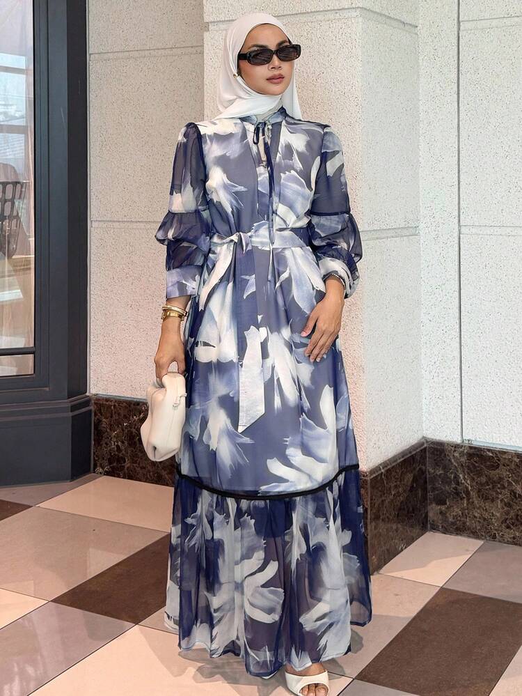 Women's Floral Print Front Tie Long Sleeve Elegant Dress Modest Fashion Maxi Dress