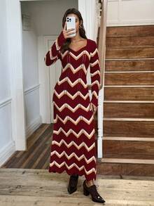 SHEIN LUNE Vestido de suéter largo y ondulado elegante para mujer - Burdeos - Ver 4
