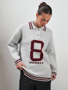 COUREZ Extreme Oversized Long Sleeve Rugby Knit Top With Collegiate Pattern /Y2K Going Out Spring Gym Sports Casual Cozy Spring Sweater Festivals - Light Grey - View 6