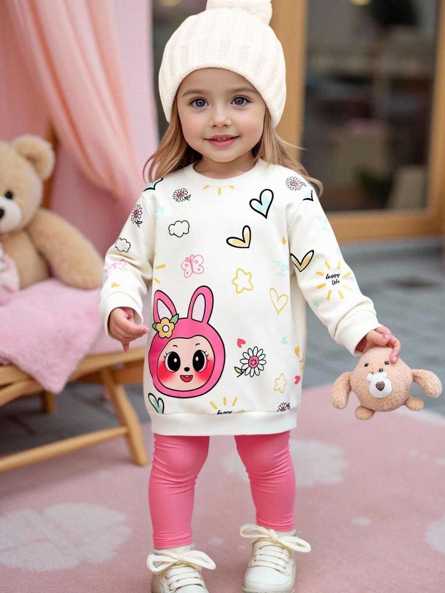 SHEIN Babygirl 可爱休闲花卉针织长袖连衣裙 - 白色 - 查看 1