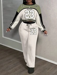 Slaydiva 23# 女士休闲街头风格宽松两件套运动服套装，适合秋冬 - 彩色 - 查看 3