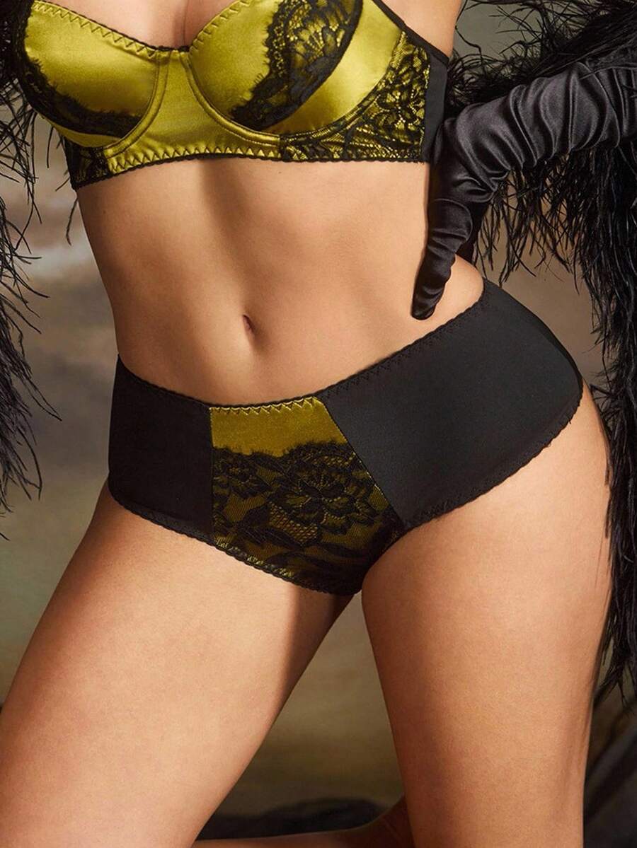PinupPomp 撞色撞色蕾丝无缝丁字裤 - 黑色 - 查看 1