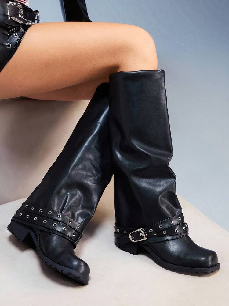 CUCCOO GRLICON Women's Square Toe Platform Mid-Calf Boots With Belt Decor, Suitable For Christmas, Halloween, Music Festivals, Autumn Y2K Style