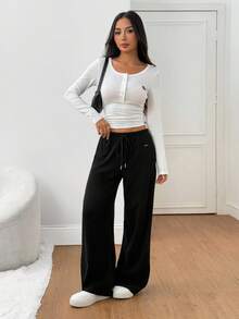 SHEIN PETITE 2-Way 羊毛女式抽绳腰直筒宽松休闲裤 - 黑色 - 查看 3