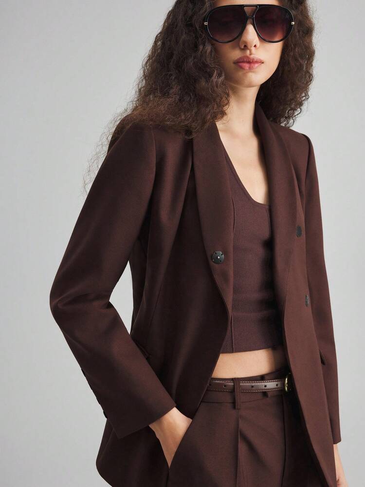 2025 New Elegant Burgundy Wool Blend Stand Collar Long Sleeve Fitted Women's Blazer, Suitable For Daily Wear And Business Commute Brown Modern Urban Casual Fashion Business Casual Women's Office Wear Low-Key Old Money Style Effortless Temperament High-End Urban Commuting High-Quality Airport Women's Wear High-End Material Modern Urban Casual Fashion Business Casual Women's Office Wear Low-Key Old Money Style Effortless Temperament High-End Urban Commuting High-Quality Airport Women's Wear High-E