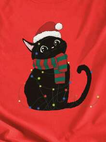 SHEIN EZwear Casual Christmas Red Cat Santa Hat Graphic Loose Fit Crew Neck Short Sleeve Women T-Shirt - Red - View 3