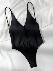 Swim Basics Summer Beach Tie Back High Leg One Piece Swimsuit - Black - View 5