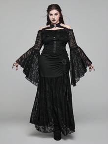 ROMWE EDITION Falda ajustado negra de sirena con volantes, encaje y lazo hecho a mano, estilo gótico palaciego para fiesta, talla grande para mujeres - Negro - Ver 4