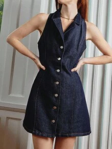 SHEIN Unity Dark Cotton Denim Mini Dress With Lapel Collar And Front Button Closure Business Casual Woman Teacher Outfit Chic Dress Autumn Winter - Dark Wash - View 7