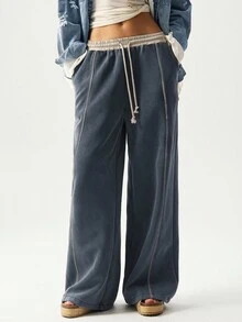 Bohemela Quần nỉ boho ống rộng dệt kim màu trơn đơn giản, lót nhiệt dành cho nữ, Thu/Đông - màu nâu - Xem 5