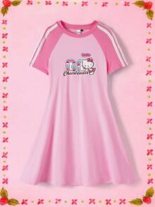 HELLO KITTY AND FRIENDS | SHEIN 女性休閒運動卡通和字母印花對比配色拉弦袖連衣裙，夏季 - 淺粉色 - 查看 1