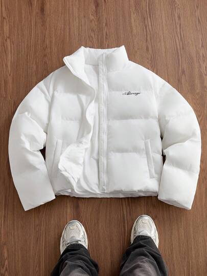 Manfinity Unisex Men's Letter Print Zip-Up Long Sleeve Padded Coat, Suitable For Winter, Couple Things