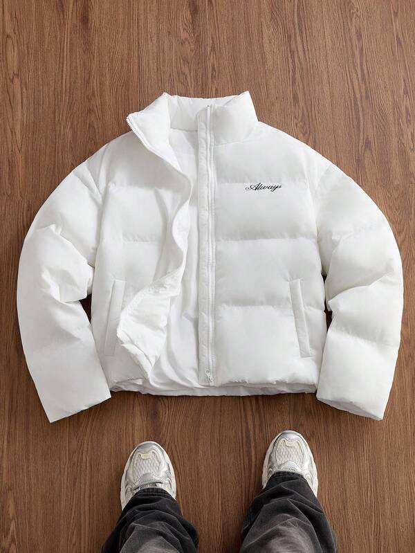 Manfinity Unisex Men's Letter Print Zip-Up Long Sleeve Padded Coat, Suitable For Winter, Couple Things