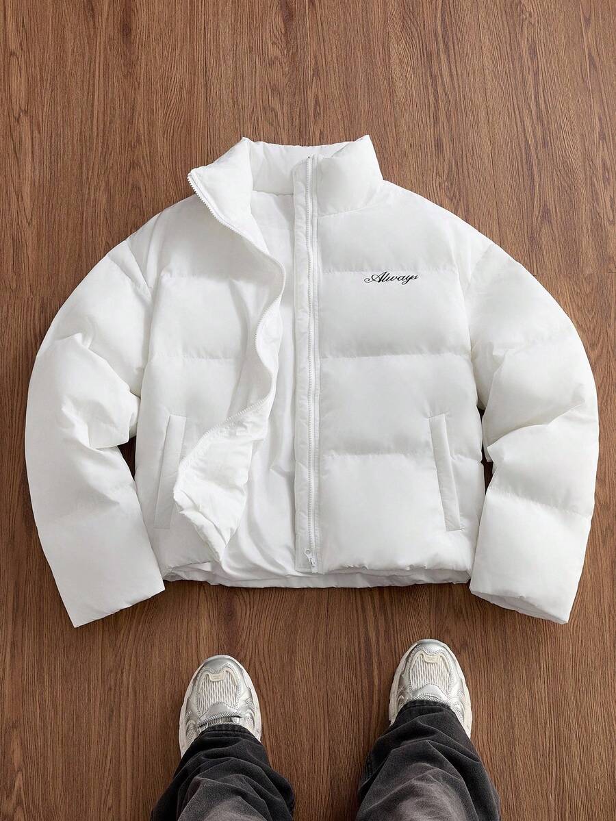 Manfinity Unisex 男士字母印花拉链长袖羽绒服，适合冬季穿着，情侣款 - 白色 - 查看 1