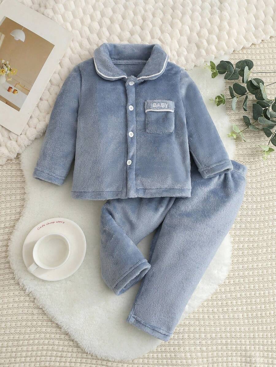 SHEIN 2 件套幼儿男童休闲纯色法兰绒长袖上衣和裤子睡衣套装，舒适家居服 - 霧霾藍 - 查看 1