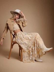 WESTFADE Saia Longa Fluida com Babados, Cintura com Cordão, Bordado Floral em Tule, Uso no Outono, Inverno, Estilo Ocidental para Mulheres, Boho Cowgirl - Branco - Visão 1