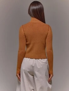 MUSERA 罗纹高领拉链开衫，春季休闲Y2K 90年代条纹可爱机场度假夏季返校冬季日常晚宴派对优雅 - 巧克力棕 - 查看 2