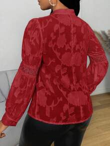 BamGleam 女士优雅灯笼袖提花拼布衬衫，春夏女士衬衫 - 紅色 - 查看 3