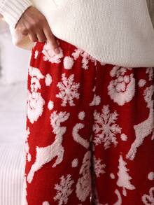 Louniche Women's Loose Fit Christmas Fuzzy Snowflake & Deer Print Pants - Red - View 8