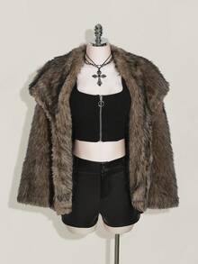 SHEIN ICON 女士加大码宽松加大码翻领仿皮草大衣，秋冬仿皮草夹克 - 深灰色 - 查看 1
