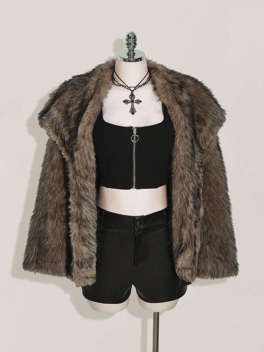 SHEIN ICON 女士加大码宽松加大码翻领仿皮草大衣,秋冬仿皮草夹克 - 深灰色 - 查看 1