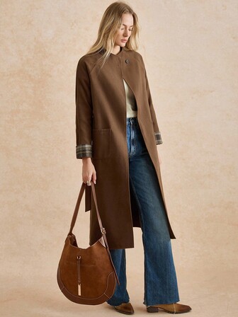 Écloséra Women's Casual Brown Long Coat Retro Loose Lazy Style Splicing Cuffs Double-Sided Woolen Half-High Collar Raglan Split Women's Winter Coat Business Casual Coat Women's Woolen Coat