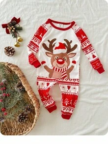 SHEIN Babygirl 可爱卡通图案圣诞舒适贴身长袖家居服套装 - 紅白色 - 查看 3