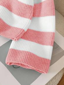 Souflis Souflis 少女休闲拼色条纹短款毛衣，秋冬 - 淺粉色 - 查看 4