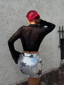 Bearsaez Extreme Cowl Neck Textured Lace Long Sleeve Flared Cuff Top Only Sexy Cute Ibiza Spring Summer Club Vacation Holiday Boho Occasion Beachwear Festival Summer Holiday Festival Rave Going Out Top