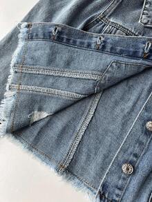 Elamini 單排扣毛邊下擺泡泡袖牛仔夾克 - 中等水洗藍 - 查看 5