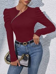 EMERY ROSE Women's Solid Color Zipper Design Gigot Sleeve Fitted Fashion T-Shirt