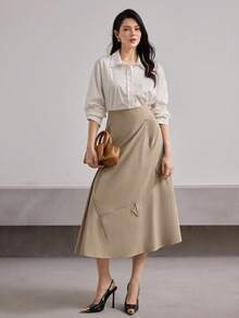 Heiryn Women's Solid Color High Waist Elegant Office Midi Skirt