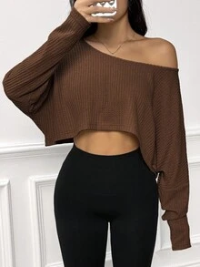 SHEIN Unity Casual Oversized Dropped Shoulder Oblique Shoulder Long Sleeve T-Shirt, Textured Jacquard Fabric