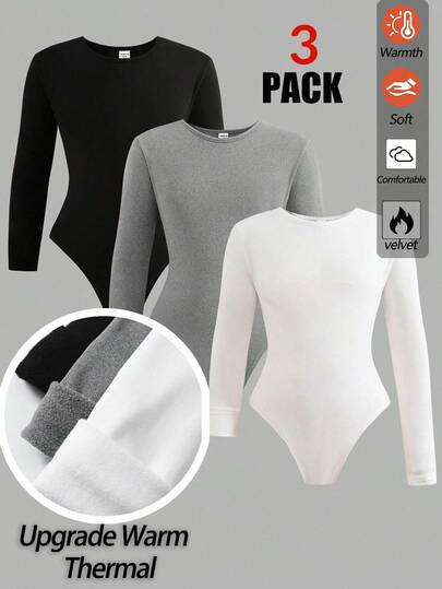 3 pezzi Set di tute casual basic minimaliste a girocollo e maniche lunghe per ragazze pre-adolescenti, tuta in maglia a costine con fodera termica ad alta elasticità, colori uniti nero/bianco/grigio, adatto per tempo libero e sport
