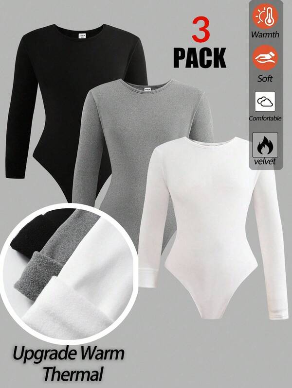 Thermal Lined Ribbed Knit Crew Neck Long Sleeve Bodysuit,Black And White,Basic Minimalist