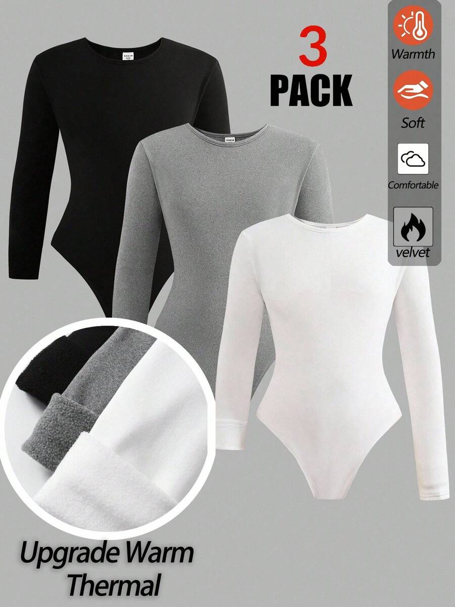 Bộ đồ liền thân 3 món cổ tròn tay dài đơn giản, mặc ở nhà cho bé gái tuổi teen, chất liệu thun co giãn cao, lót nhiệt, màu trơn, đen/trắng/xám, thích hợp cho hoạt động giải trí và thể thao - Nhiều màu - Xem 1