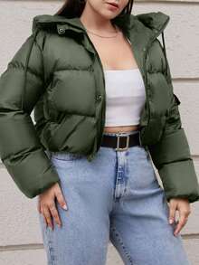 Plus Women's Short Padded Hooded Jacket - Army Green - View 1