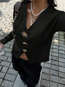 Siren Gaze Cárdigan de punto con decoración metálica para mujer, ropa casual de otoño e invierno - Negro - Ver 9