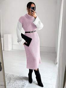 SHEIN Cottnline 女式休闲拼色高领针织连衣裙，秋冬 - 淺粉色 - 查看 4