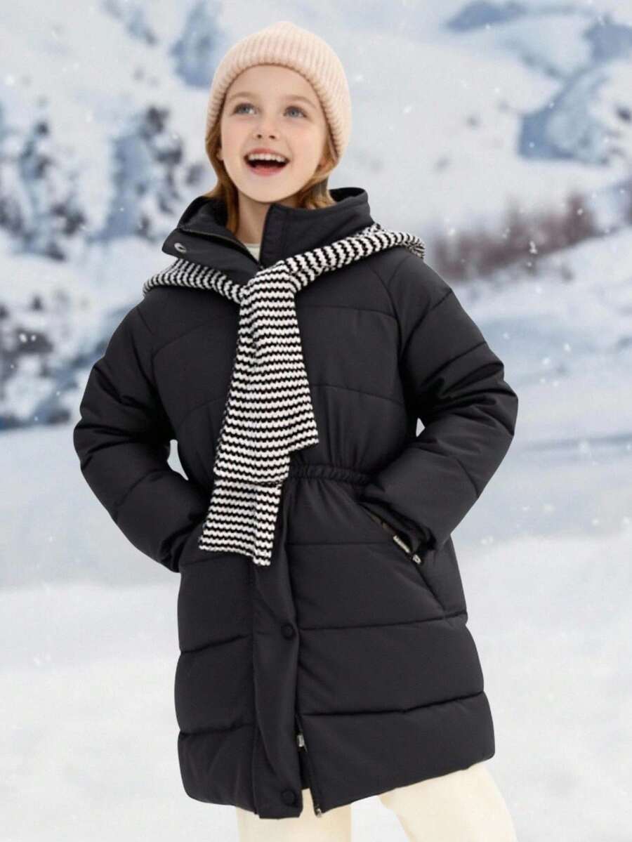 SHEIN Teen Tween Girl Black Winter Long-Sleeved Mid-Length Padded Coat, Modest Hike Outdoor Snow Coat With Classic Striped Scarf Decoration And Snug Fit Belt - Black - View 1