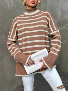 EURMUSE Striped Pattern Turtleneck Drop Shoulder Sweater - Camel - View 4