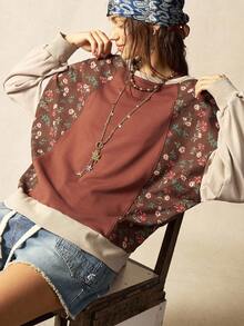 Bohemela 休闲针织拼布圆领碎花长袖宽松水洗女式上衣 - 摩卡棕 - 查看 5