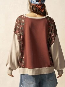 Bohemela 休闲针织拼布圆领碎花长袖宽松水洗女式上衣 - 摩卡棕 - 查看 7