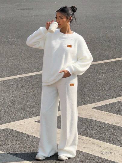 SHEIN Teen Girls Solid Color Double-Sided Fleece English Logo Sweatshirt And Pants Casual Suit Fall Winter