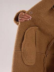 SHEIN BAE 女士休闲复古棕色中长款保暖内衬夹克，冬季棕色外套女士冬季外套秋季外套长款外套棕色夹克，棕色衣服，女士外套，女士秋季衣服 - 卡其色 - 查看 9