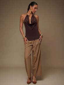 L'Amorae Women Necklace Ornament Trim Cowl Neck Halter Top Casual Clubwear Birthday Day To Night Out - Brown - View 3