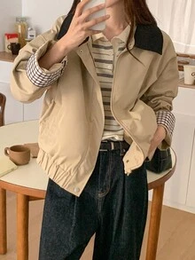 DAZY Women's Contrast Color Collar Patchwork Plaid Cuff Decor Loose Turndown Collar Street Casual Jacket