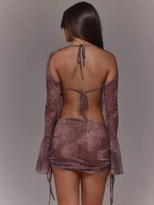 MUSERA Áo lưới xuyên thấu tay dài xòe rộng, viền nhún, họa tiết da bò, dễ thương, gợi cảm, vui nhộn, phong cách lễ hội, tiệc tùng, đi chơi, dự tiệc mùa xuân hè. - màu nâu - Xem 2