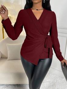 EMERY ROSE 1 件女式纯色系带长袖休闲衬衫 - 酒紅色 - 查看 5